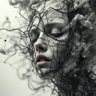 The primary subject of the image is a woman with long hair, who is wearing a black dress. She is looking down, possibly with a sad expression. The setting is a dark room, and the visual style appears to be a combination of a photo and digital art. The colors in the image are predominantly black, giving the scene a moody and dramatic atmosphere.